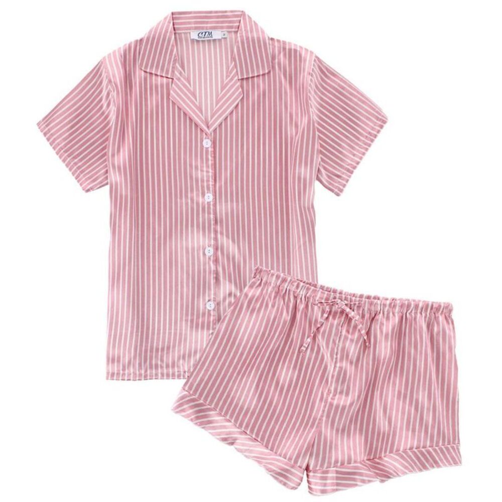 CTM Women's Striped Satin Short Sleeve Pajama Set